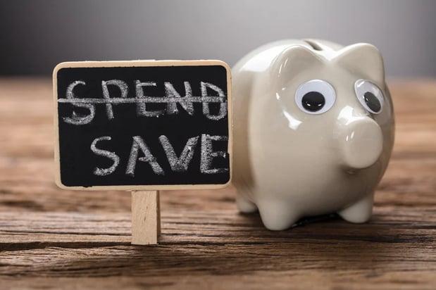 Piggy Bank with a sign saying - Spend Save