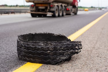 Worn out truck tire piece in the middle of the highway being a driving hazard for other vehicles.